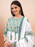 Vishudh Women White Printed Kurta With Trouser And Dupatta - White - Image 1