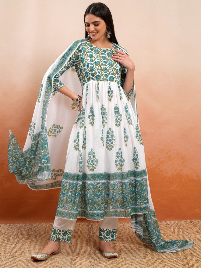 Vishudh Women White Printed Kurta With Trouser And Dupatta - White - Image 2