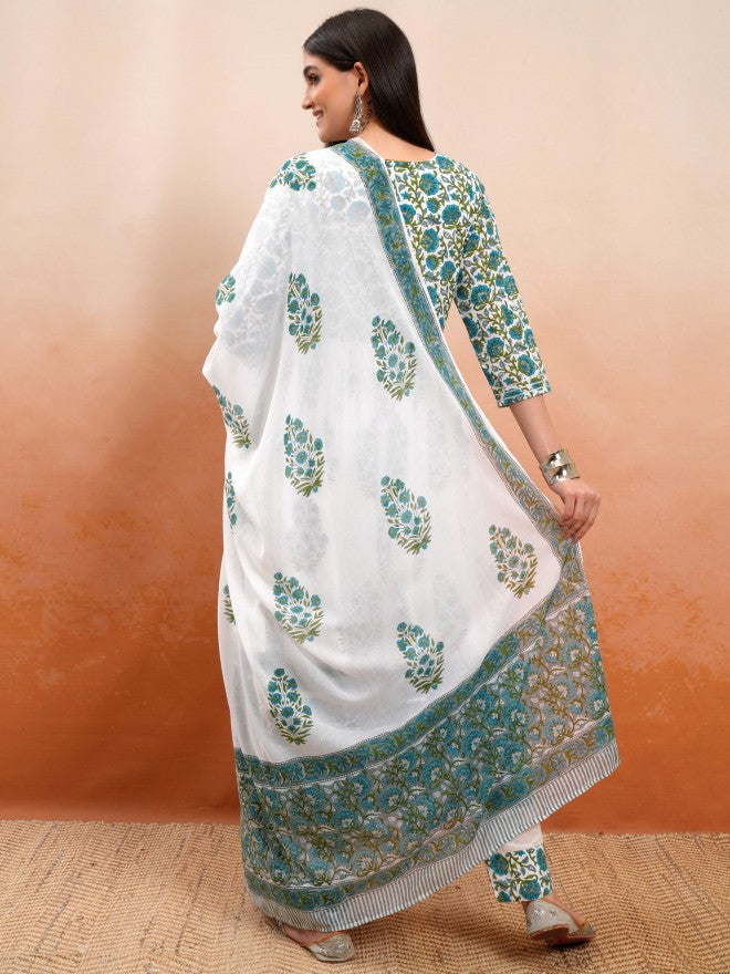 Vishudh Women White Printed Kurta With Trouser And Dupatta - White - Image 3