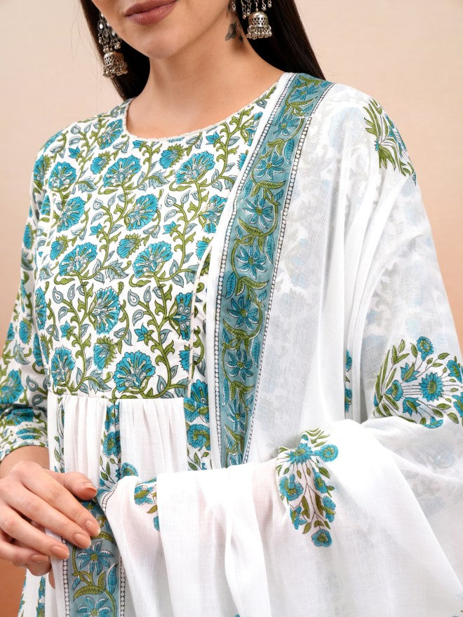 Vishudh Women White Printed Kurta With Trouser And Dupatta - White - Image 5
