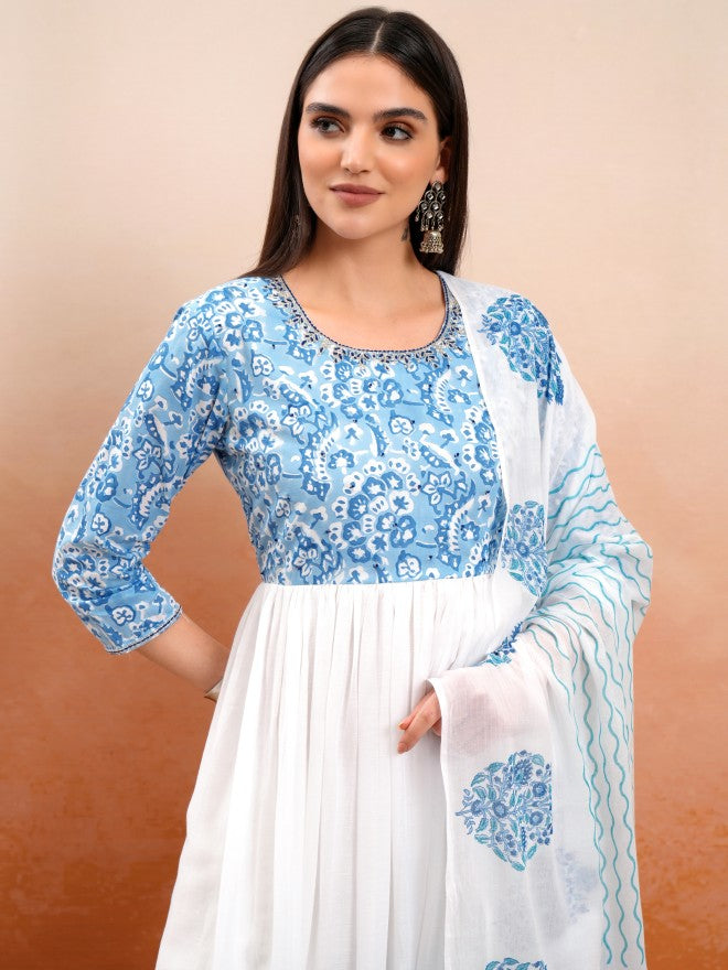 Vishudh Women White Printed Kurta With Trouser And Dupatta - White - Image 1