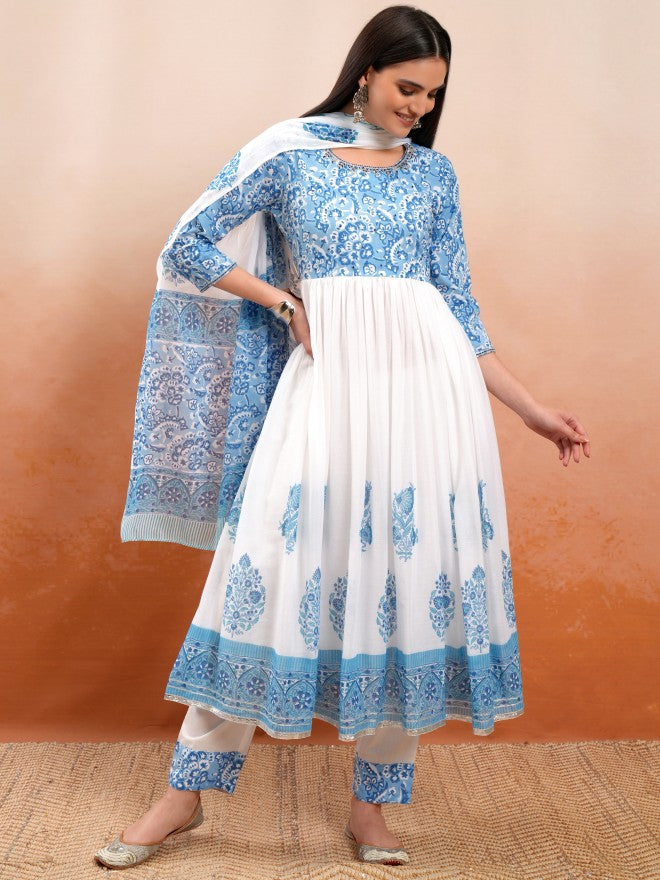 Vishudh Women White Printed Kurta With Trouser And Dupatta - White - Image 2