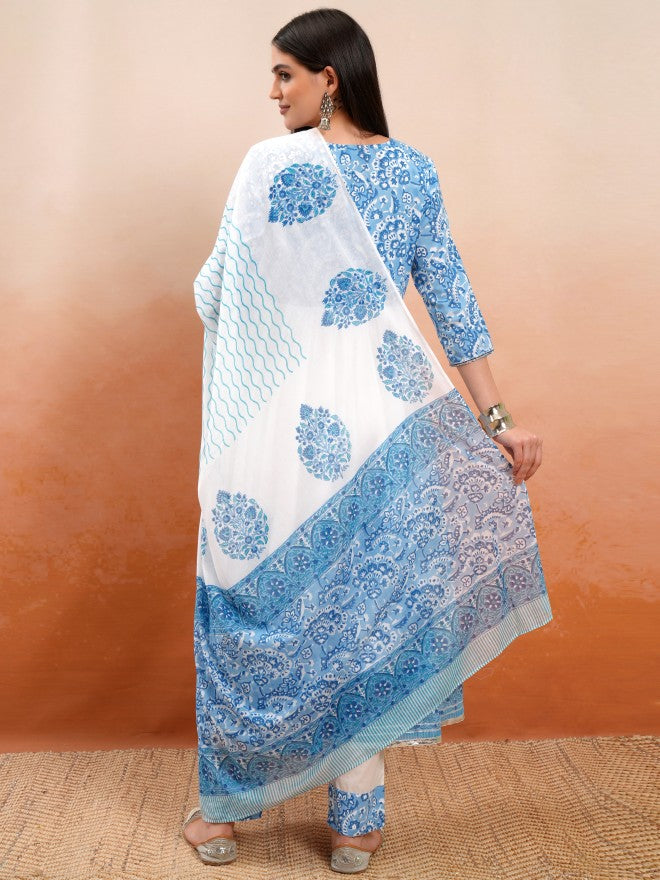 Vishudh Women White Printed Kurta With Trouser And Dupatta - White - Image 3