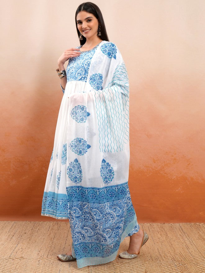 Vishudh Women White Printed Kurta With Trouser And Dupatta - White - Image 4