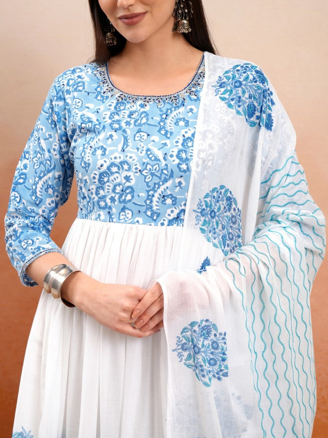 Vishudh Women White Printed Kurta With Trouser And Dupatta - White - Image 5