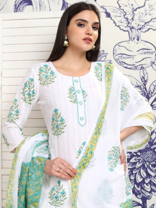 Vishudh Women White Printed Kurta With Trouser And Dupatta - White - Image 1