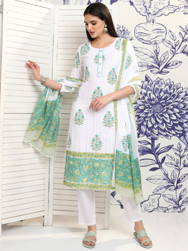 Vishudh Women White Printed Kurta With Trouser And Dupatta - White - Image 2