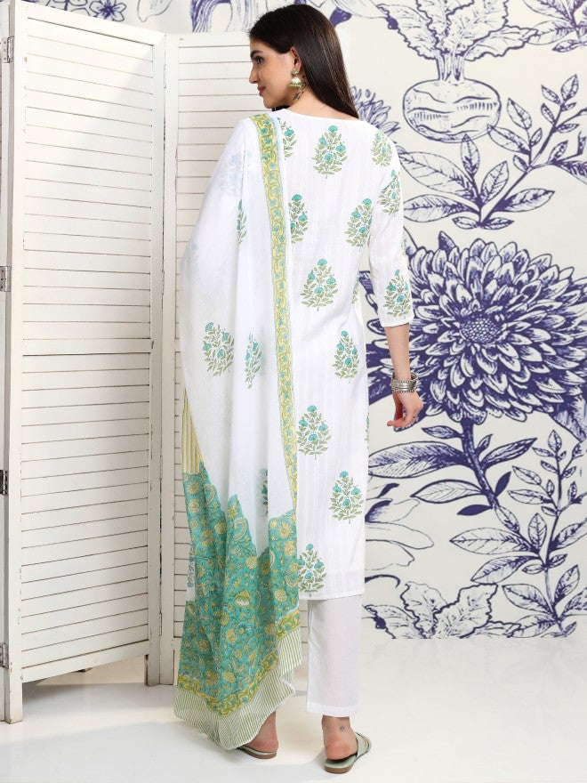 Vishudh Women White Printed Kurta With Trouser And Dupatta - White - Image 3