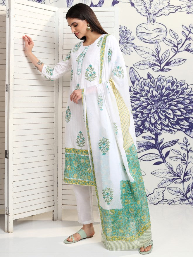 Vishudh Women White Printed Kurta With Trouser And Dupatta - White - Image 4