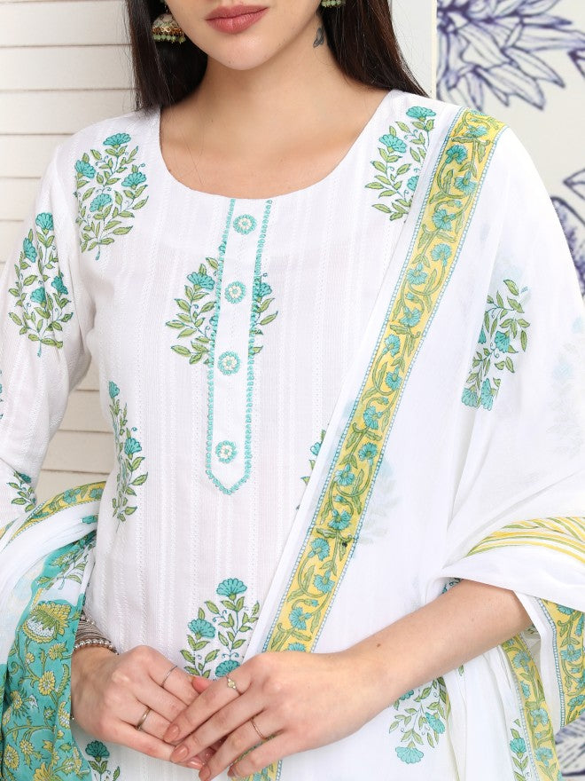 Vishudh Women White Printed Kurta With Trouser And Dupatta - White - Image 5