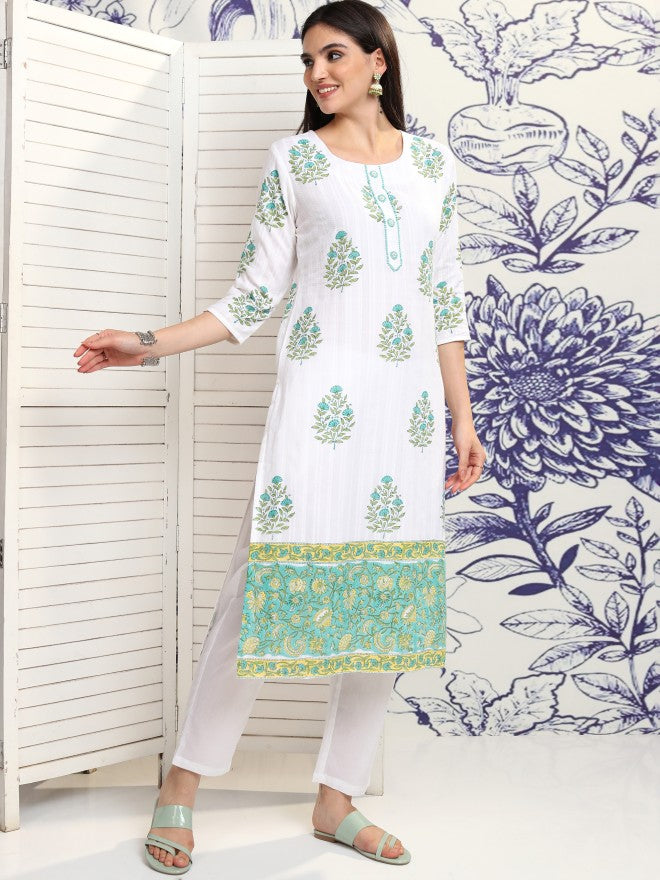 Vishudh Women White Printed Kurta With Trouser And Dupatta - White - Image 6
