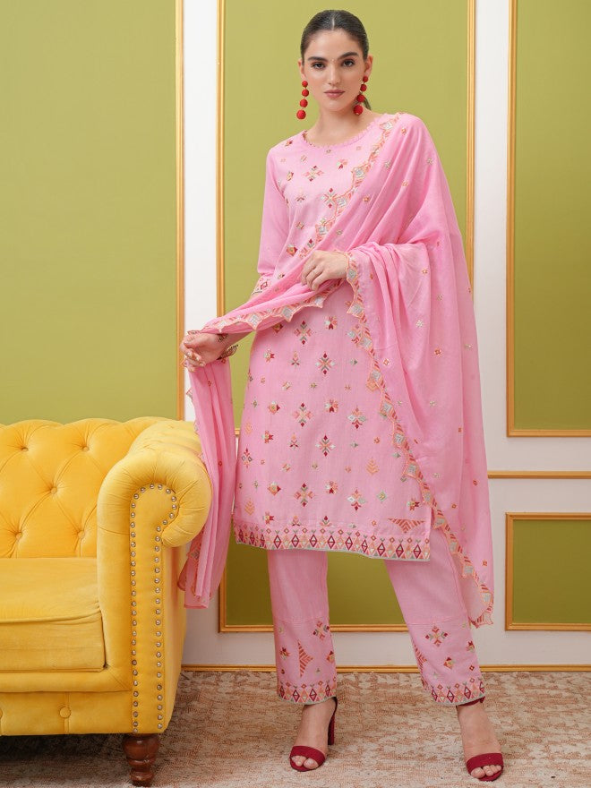 Vishudh Women Pink Kurta With Trouser And Dupatta - Pink - Image 1