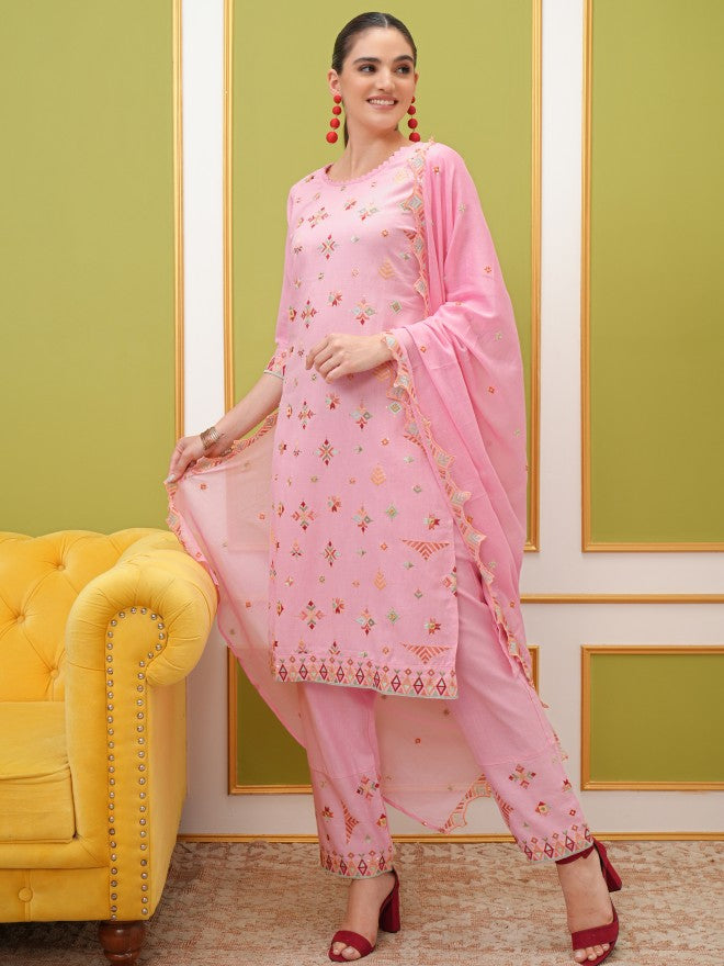 Vishudh Women Pink Kurta With Trouser And Dupatta - Pink - Image 2
