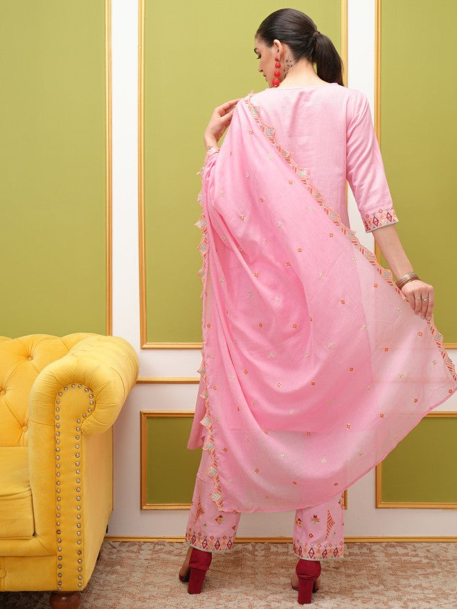 Vishudh Women Pink Kurta With Trouser And Dupatta - Pink - Image 3