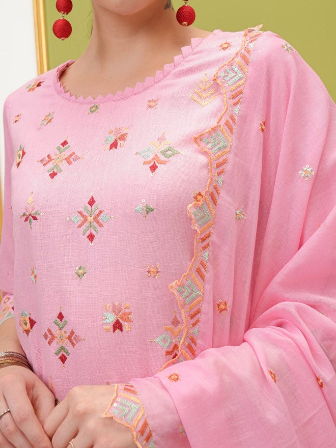 Vishudh Women Pink Kurta With Trouser And Dupatta - Pink - Image 5