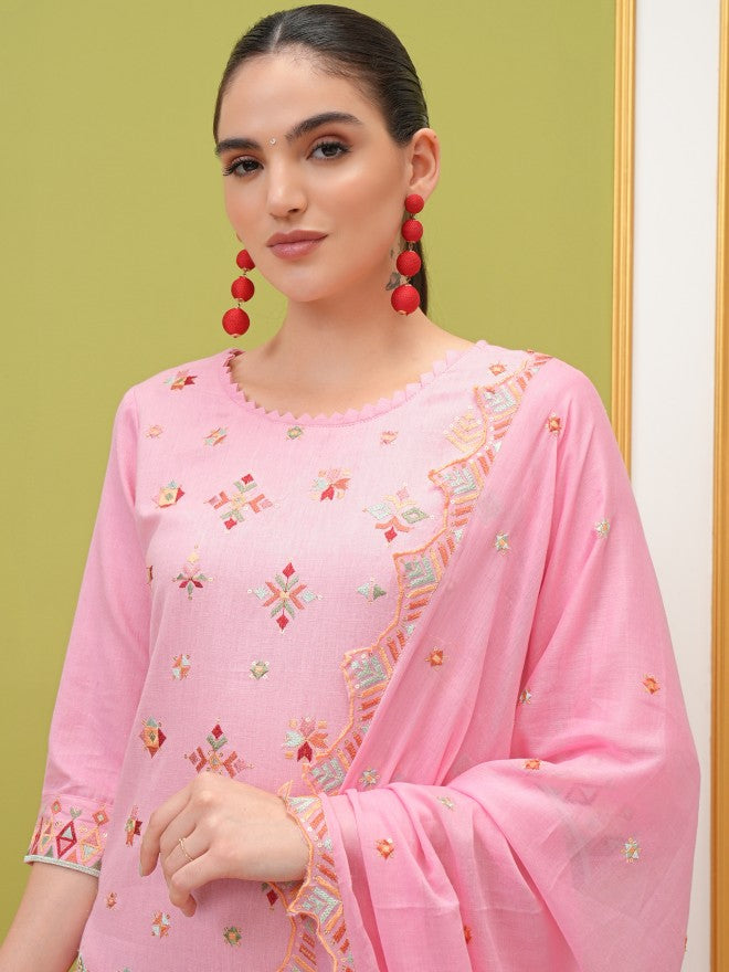 Vishudh Women Pink Kurta With Trouser And Dupatta - Pink - Image 8