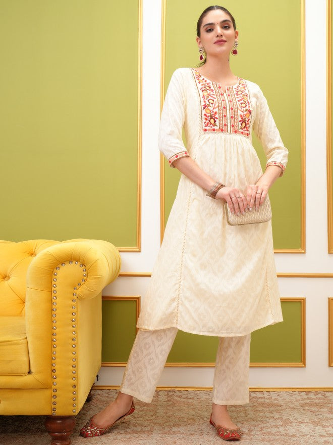 Vishudh Women Cream Embroidered Kurta With Trouser - Cream - Image 1