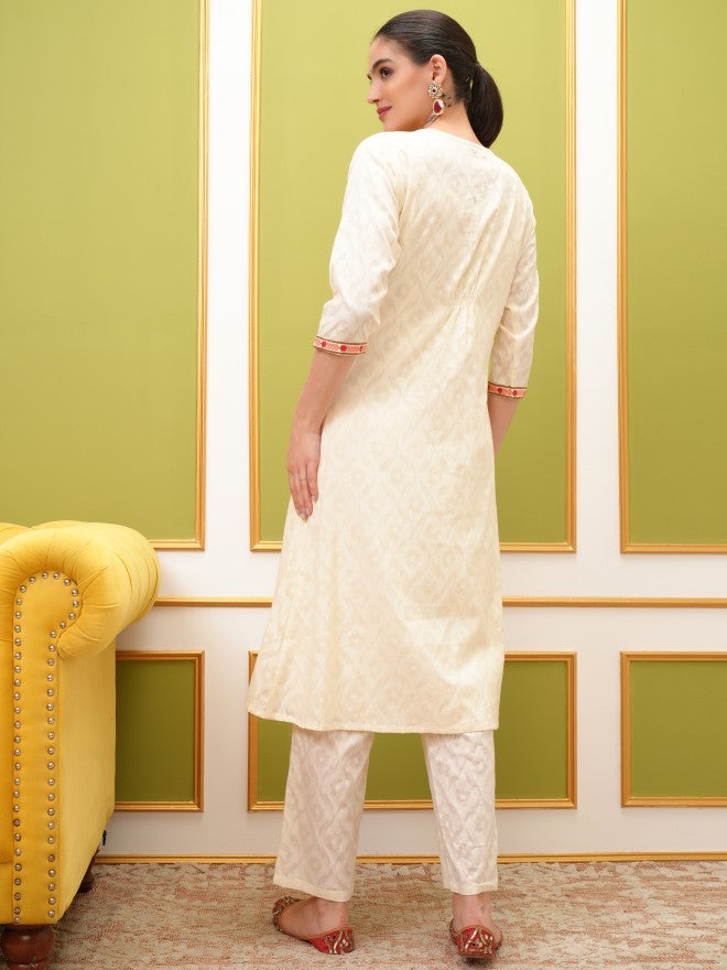 Vishudh Women Cream Embroidered Kurta With Trouser - Cream - Image 3