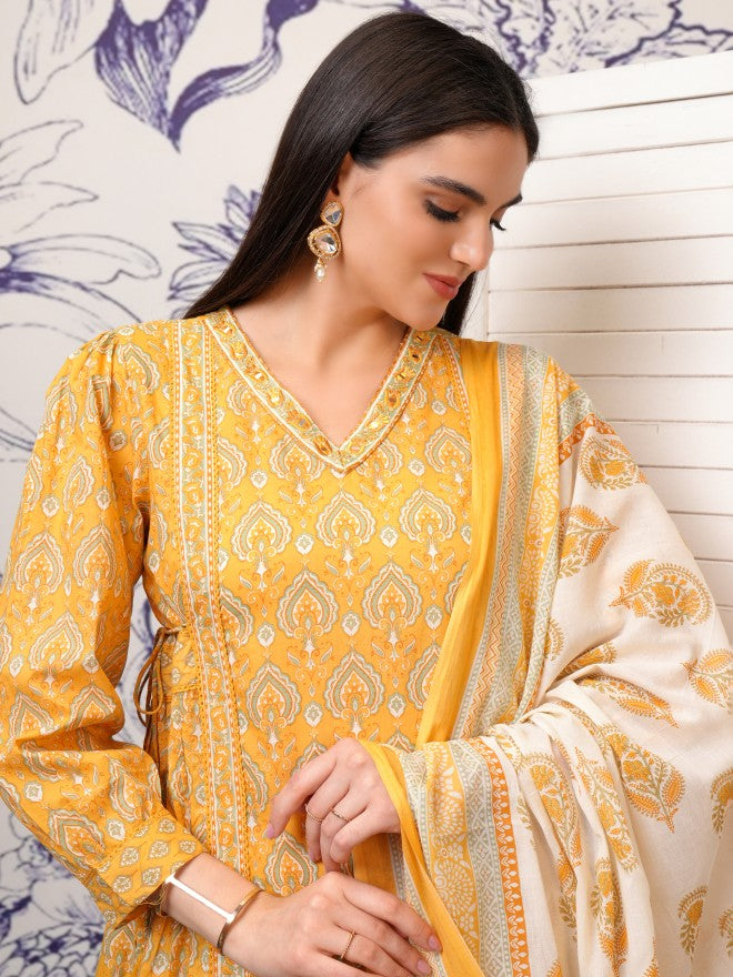 Vishudh Women Mustard Embroidered Kurta With Trouser And Dupatta - Mustard - Image 2