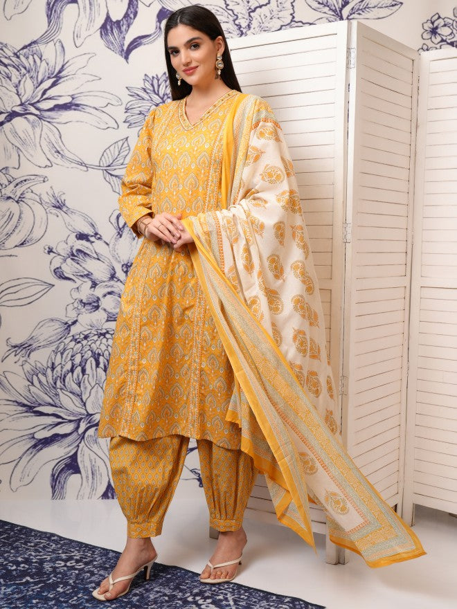 Vishudh Women Mustard Embroidered Kurta With Trouser And Dupatta - Mustard - Image 4