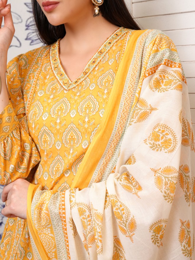Vishudh Women Mustard Embroidered Kurta With Trouser And Dupatta - Mustard - Image 5
