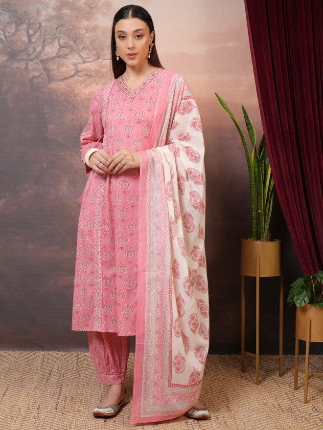 Vishudh Women Peach Printed Kurta With Trouser And Dupatta - Peach - Image 1