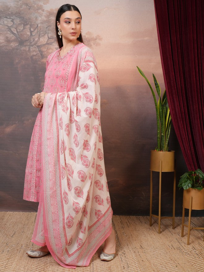 Vishudh Women Peach Printed Kurta With Trouser And Dupatta - Peach - Image 2