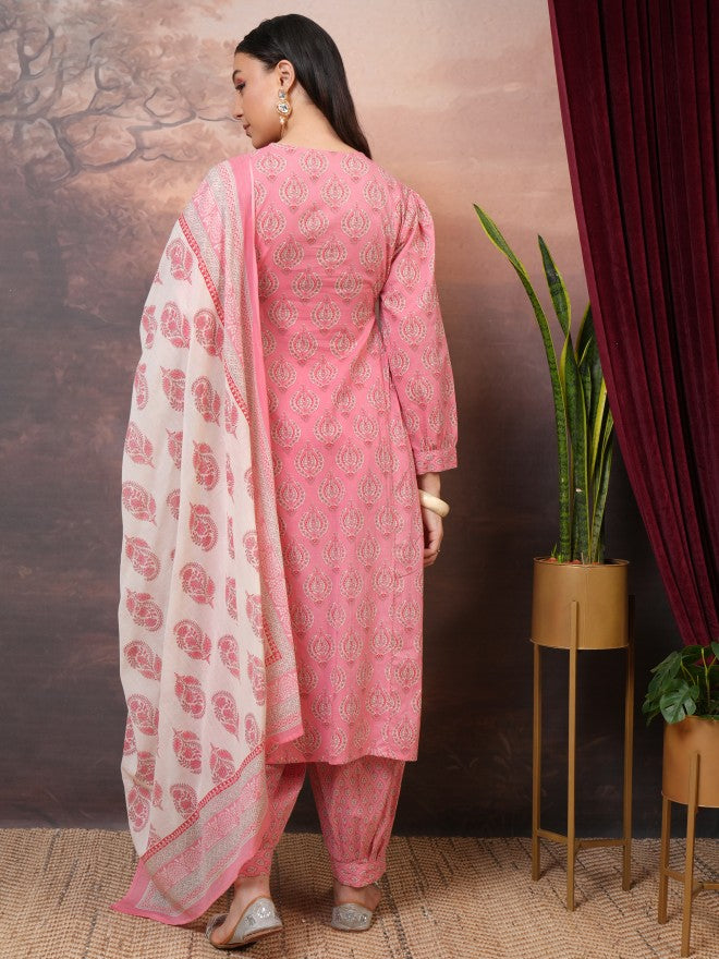 Vishudh Women Peach Printed Kurta With Trouser And Dupatta - Peach - Image 3