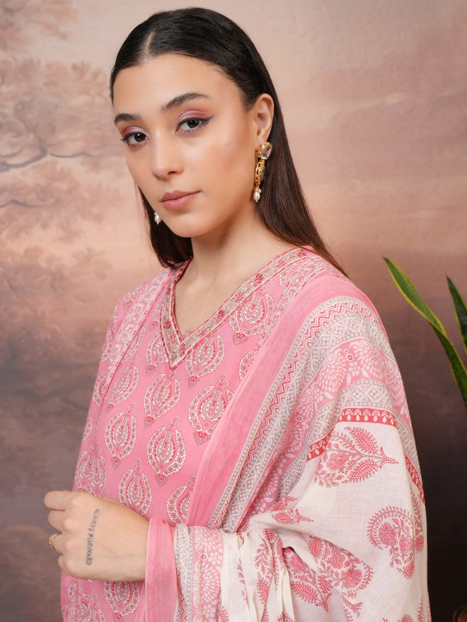 Vishudh Women Peach Printed Kurta With Trouser And Dupatta - Peach - Image 8