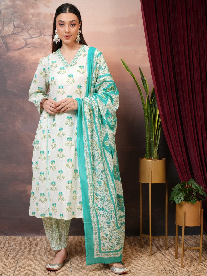 Vishudh Women Green Printed Kurta With Trouser - Green - Image 1