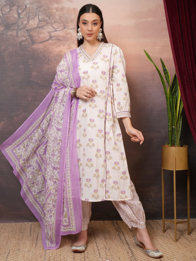 Vishudh Women Purple Printed Kurta With Trousers And Dupatta - Purple - Image 1