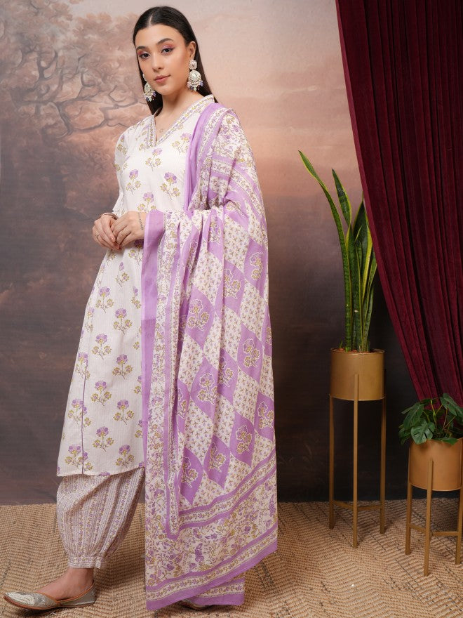Vishudh Women Purple Printed Kurta With Trousers And Dupatta - Purple - Image 2