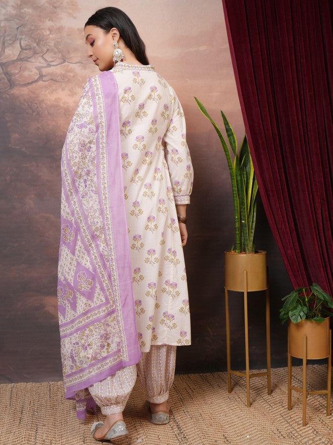 Vishudh Women Purple Printed Kurta With Trousers And Dupatta - Purple - Image 3