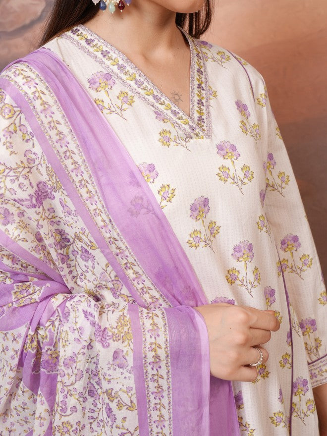 Vishudh Women Purple Printed Kurta With Trousers And Dupatta - Purple - Image 5