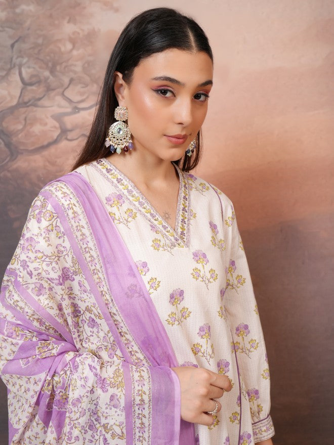 Vishudh Women Purple Printed Kurta With Trousers And Dupatta - Purple - Image 8