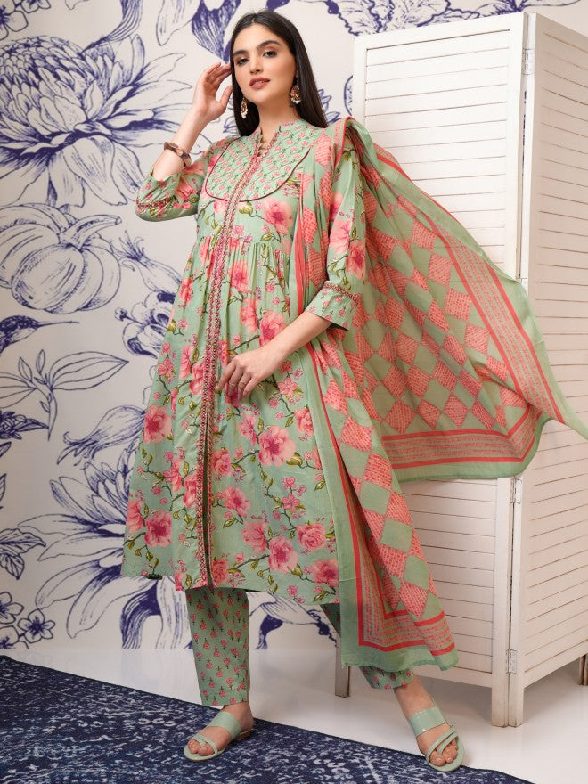 Vishudh Women Green Embroidered Kurta With Trouser And Dupatta - Green - Image 1