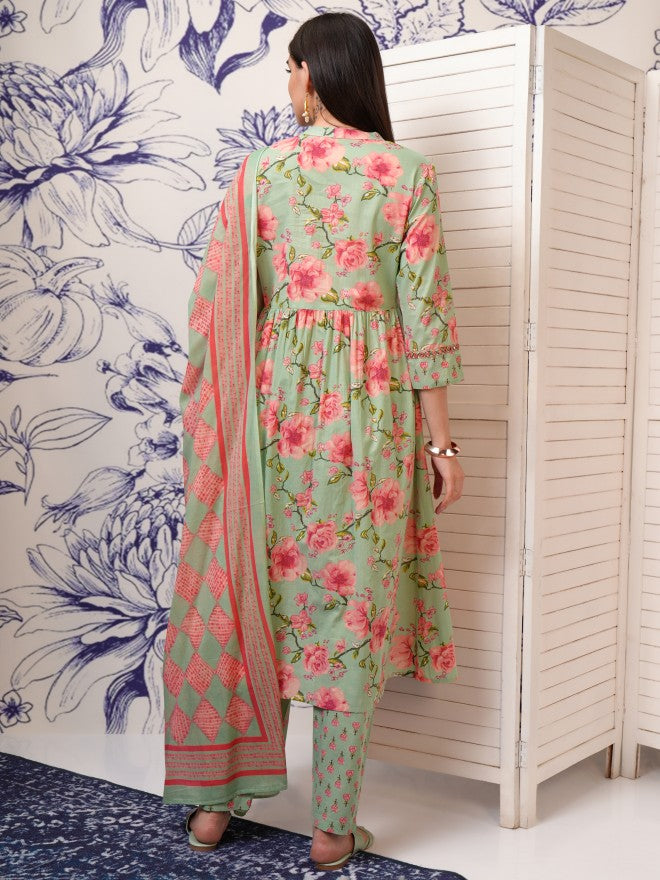 Vishudh Women Green Embroidered Kurta With Trouser And Dupatta - Green - Image 3