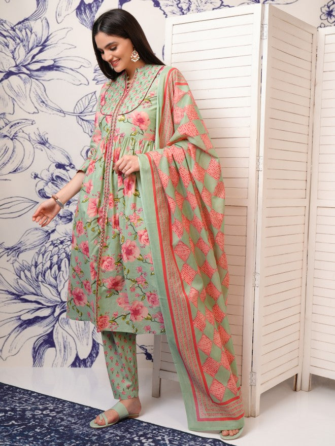 Vishudh Women Green Embroidered Kurta With Trouser And Dupatta - Green - Image 4