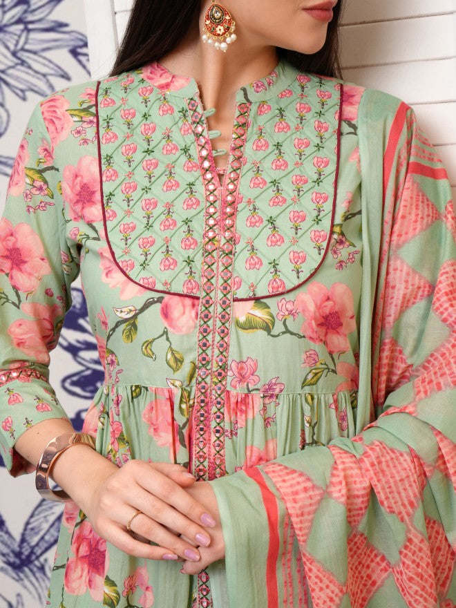 Vishudh Women Green Embroidered Kurta With Trouser And Dupatta - Green - Image 5