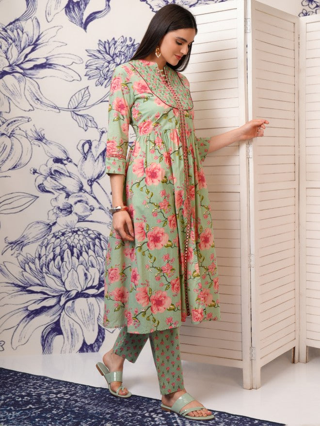 Vishudh Women Green Embroidered Kurta With Trouser And Dupatta - Green - Image 6