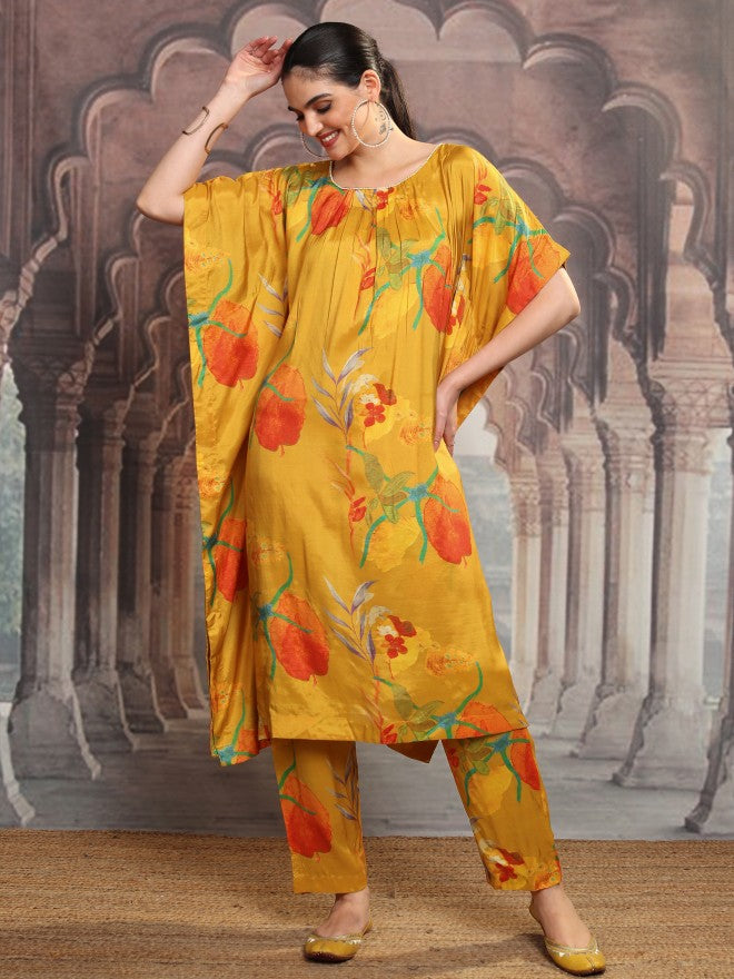 Vishudh Women Mustard Printed Kurta With Trouser - Mustard - Image 2