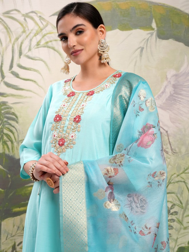 Vishudh Women Blue Embroidered Kurta With Trouser And Dupatta - Blue - Image 1