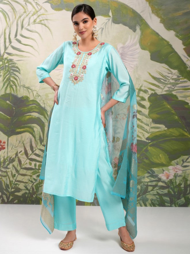 Vishudh Women Blue Embroidered Kurta With Trouser And Dupatta - Blue - Image 2