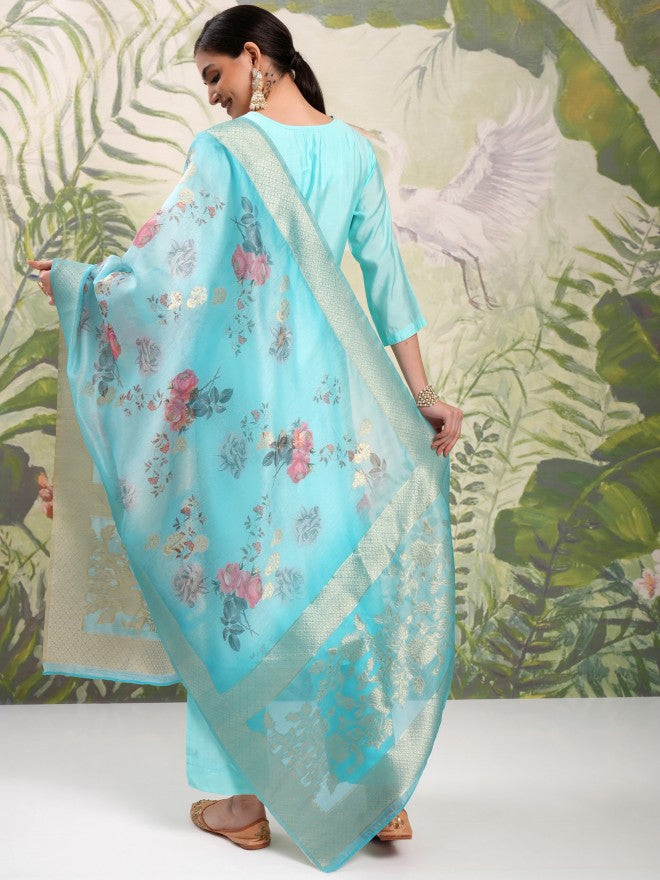 Vishudh Women Blue Embroidered Kurta With Trouser And Dupatta - Blue - Image 3