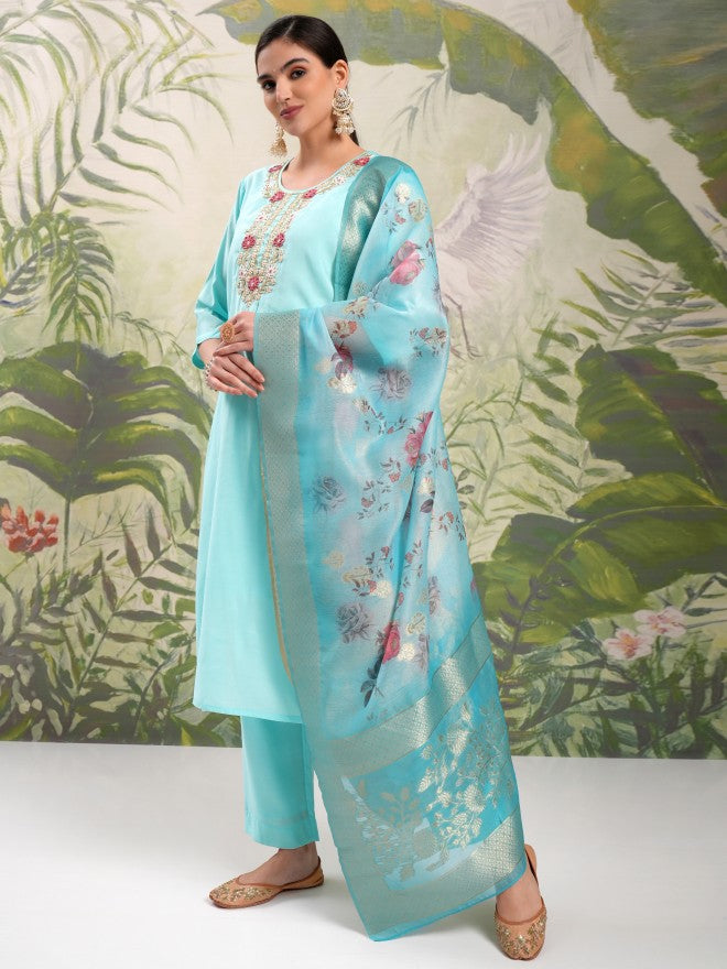 Vishudh Women Blue Embroidered Kurta With Trouser And Dupatta - Blue - Image 4