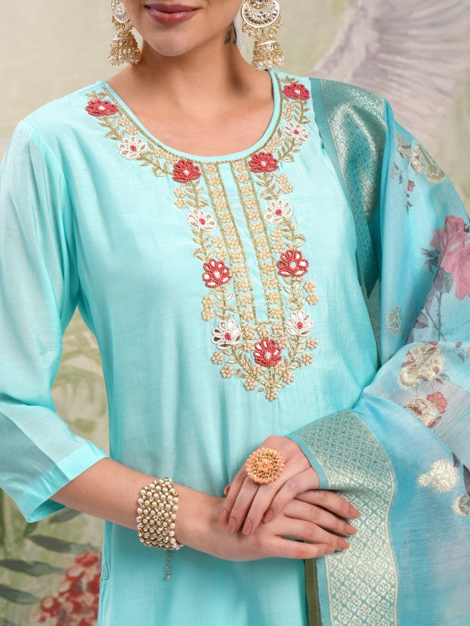 Vishudh Women Blue Embroidered Kurta With Trouser And Dupatta - Blue - Image 5