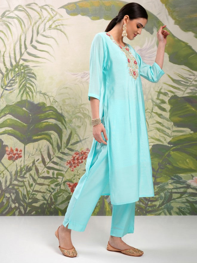 Vishudh Women Blue Embroidered Kurta With Trouser And Dupatta - Blue - Image 6