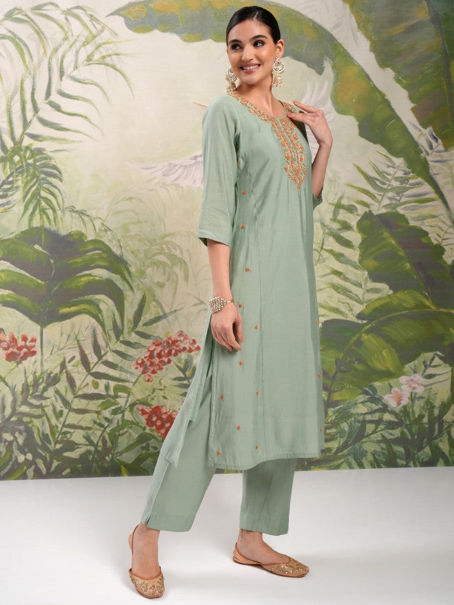 Vishudh Women Green Embroidered Kurta With Trouser And Dupatta - Green - Image 6