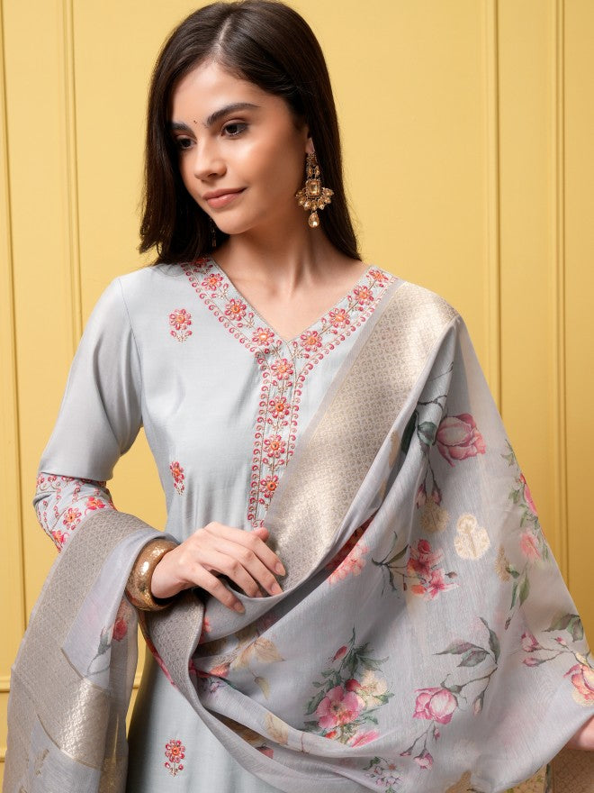 Vishudh Women Grey Embroidered Kurta With Trouser And Dupatta - Grey - Image 1