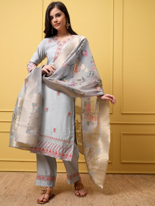 Vishudh Women Grey Embroidered Kurta With Trouser And Dupatta - Grey - Image 2
